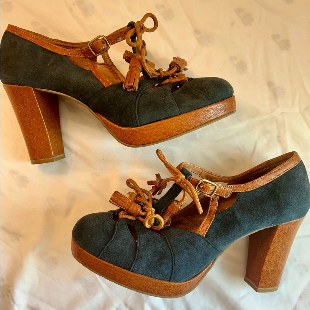 Anthropologie Miss Albright Women Blue Brown Leather Mary Janes Block Heels 7B